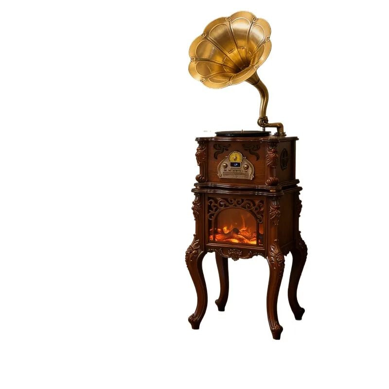 French medieval carved fireplace phonograph, retro vinyl record player