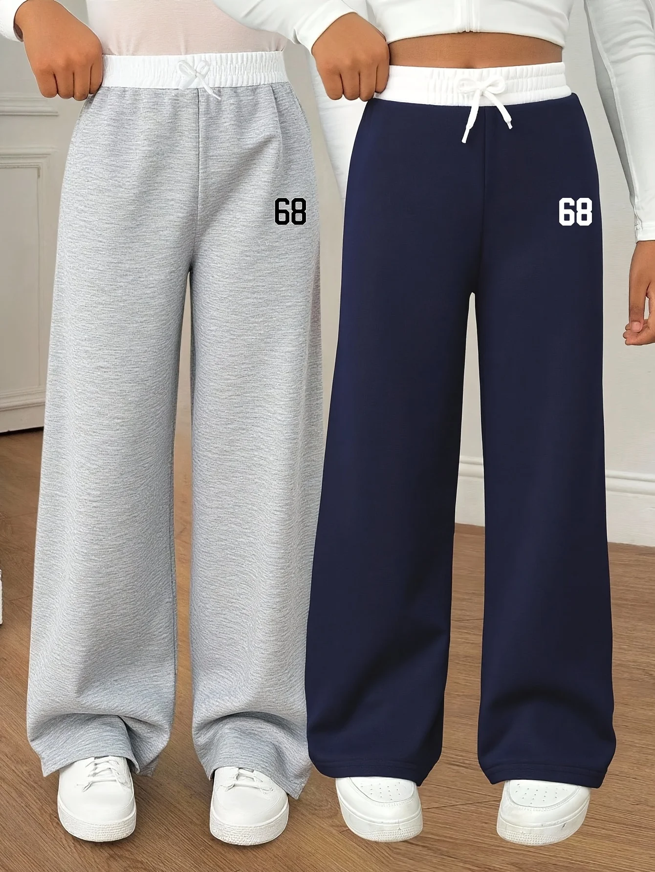 Girls' casual wide-leg trousers (2-pack, available in grey or navy); features an elastic waistband, white 