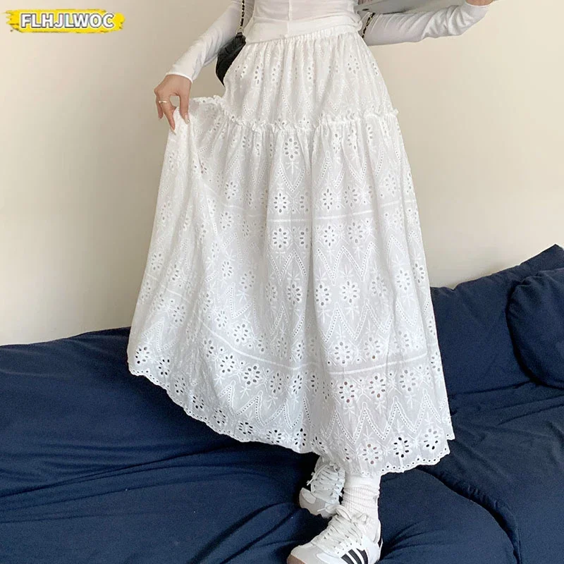 Embroidery Hollow Out Lace Cotton Skirts New Design Autumn Winter Cute Sweet Japan Girl Solid High Waist Long Maxi White Skirt