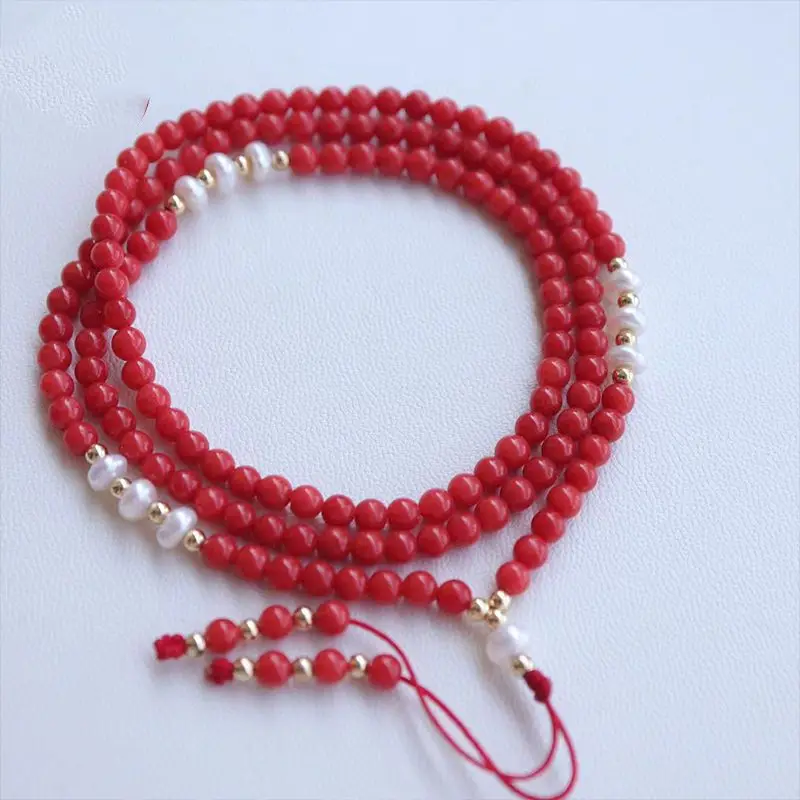 Natural 5 MM red coral 108 necklace freshwater pearl bracelet Women Office Wear Link Men Eco-Friendly Jewelry Lovers Chain