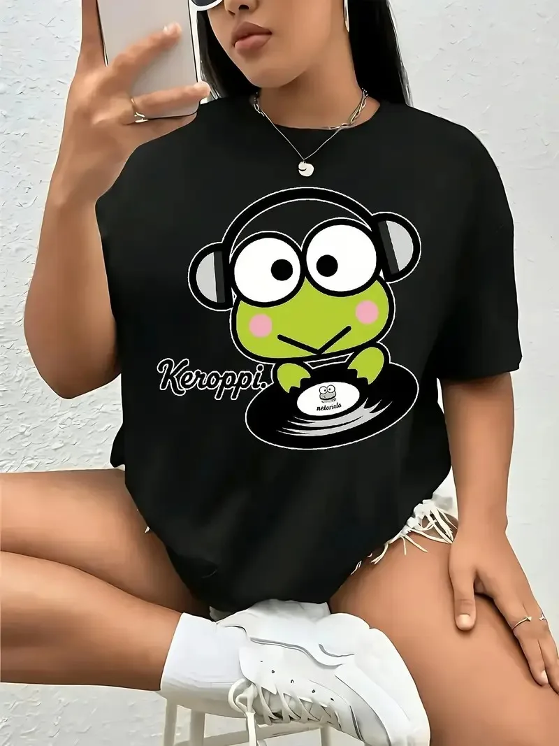 

Pure Cotton T - Shirt Featuring Keroppi As DJ Adorable Sanrio Character Print with Headphones Vinyl Design New Arrival Tee S-4XL