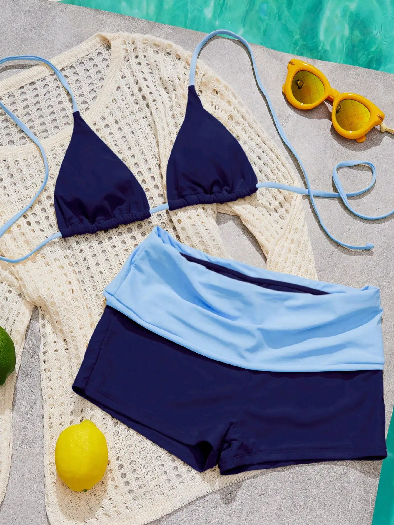 

Women's Navy Blue And Light Blue Bikini Set Triangle Top High Waist Shorts