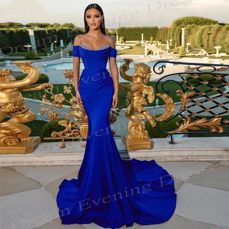 Elegante Royal Blue cetim vestidos, fora do ombro, vestidos de baile lantejoulas, sem mangas, cinta de espaguete, simples