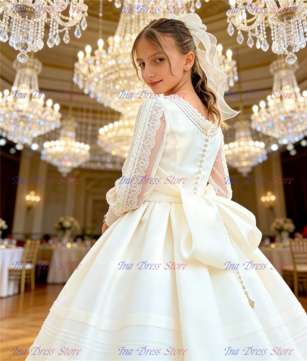White Elegant First Communion Dresses Satin Fluffy Lace Printing Flower Girl Dress for Princess Wedding Evening Ball Gown