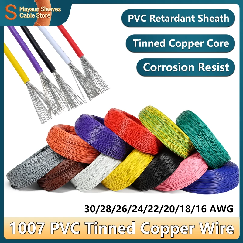 5/10/50M 1007 PVC Tinned Copper wire 30 28 26 24 22 20 18 16AWG Insulated Tin-plated Copper LED Line DIY Equipment Cable