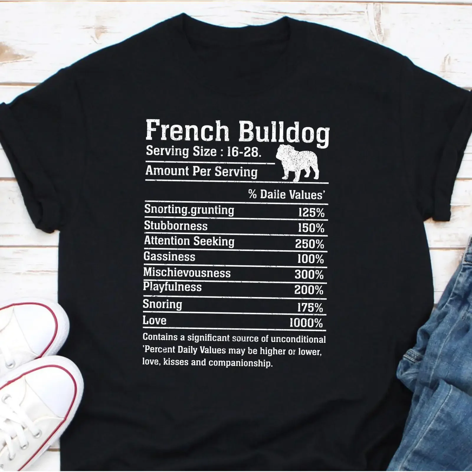 French Bulldog Nutrition Facts Funny T Shirt Mom Dad Frenchie Lover Casual  vintage Washed Soft Top For Everyday Wear