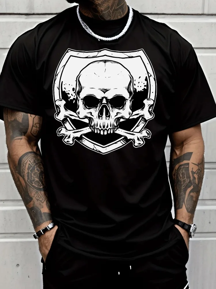Mens Punk Rock Tee Shield Skull Crossbones Graphic Crew Neck Loose Red Short Sleeve Soft Cotton Street Summer Daily Casual Top