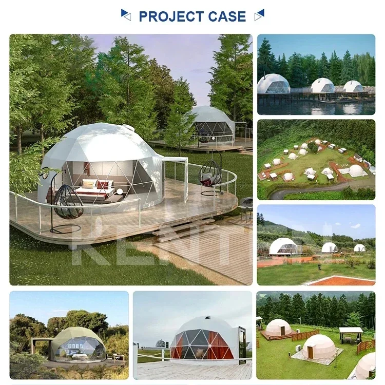 Stalowa rama Namiot kopułkowy Producent 5m 7m 10m Geodesic Diameter Geo House Canvas Rest Shelter Namiot kopułkowy Glamping z łazienką