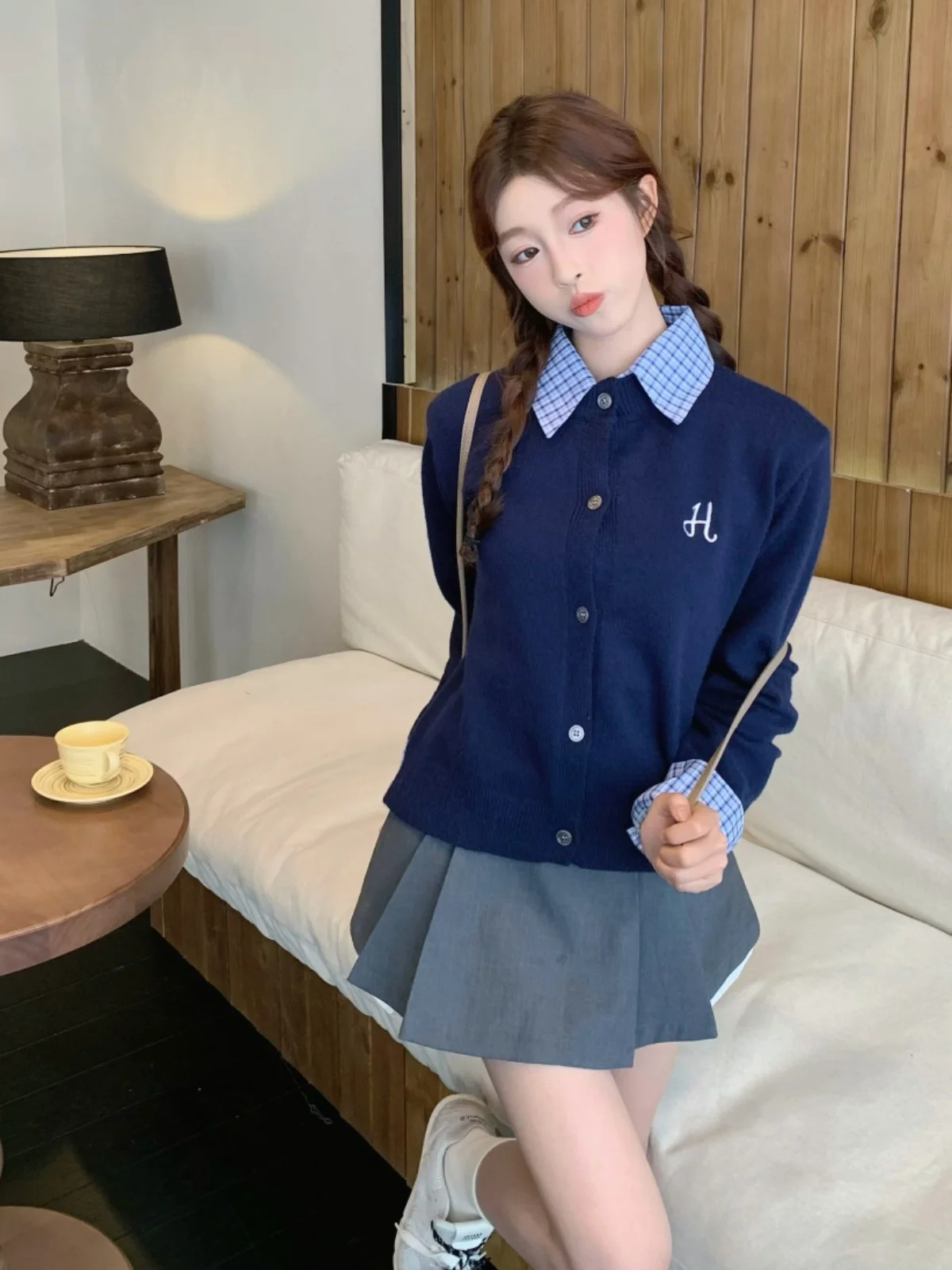 

Preppy Plaid irt Collar Splice Knitted Sweater Coat Women's Autumn Faion Casual Agel Long Sve Button up Cardigan