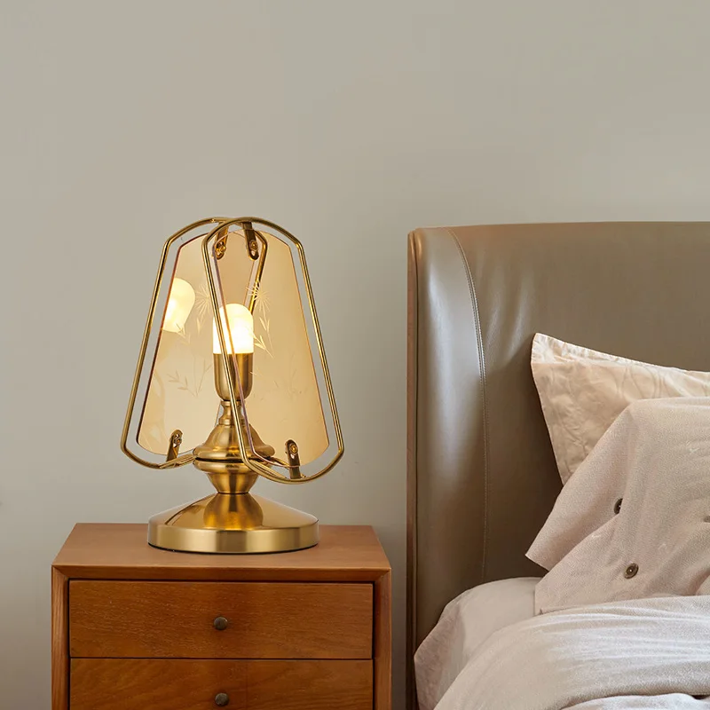 

European Classical Gold Wrought Iron LED Table Lamps Printing Glass Lampshade Living Room Bedroom Restaurant Office Desk Lights