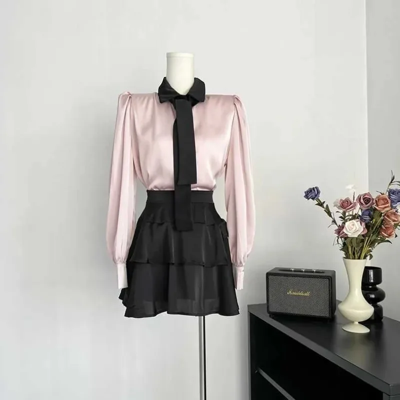 

Sweet Fashion Pink Polo Collar Shirt Women Korean Tie Splice Bubble Sleeves Gentle Temperament Solid Spring Versatile Chic Top