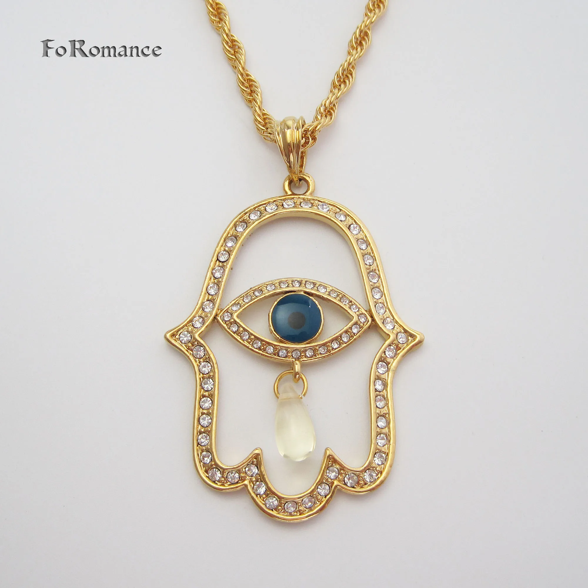 

YELLOW GOLD PLATED 24" ROPE CHAIN 4MM WIDTH HUGE BIG EVIL EYE PENDANT CZ STONES HAMSA HAND CLEAR WATER DROP CHARM GREAT GIFT
