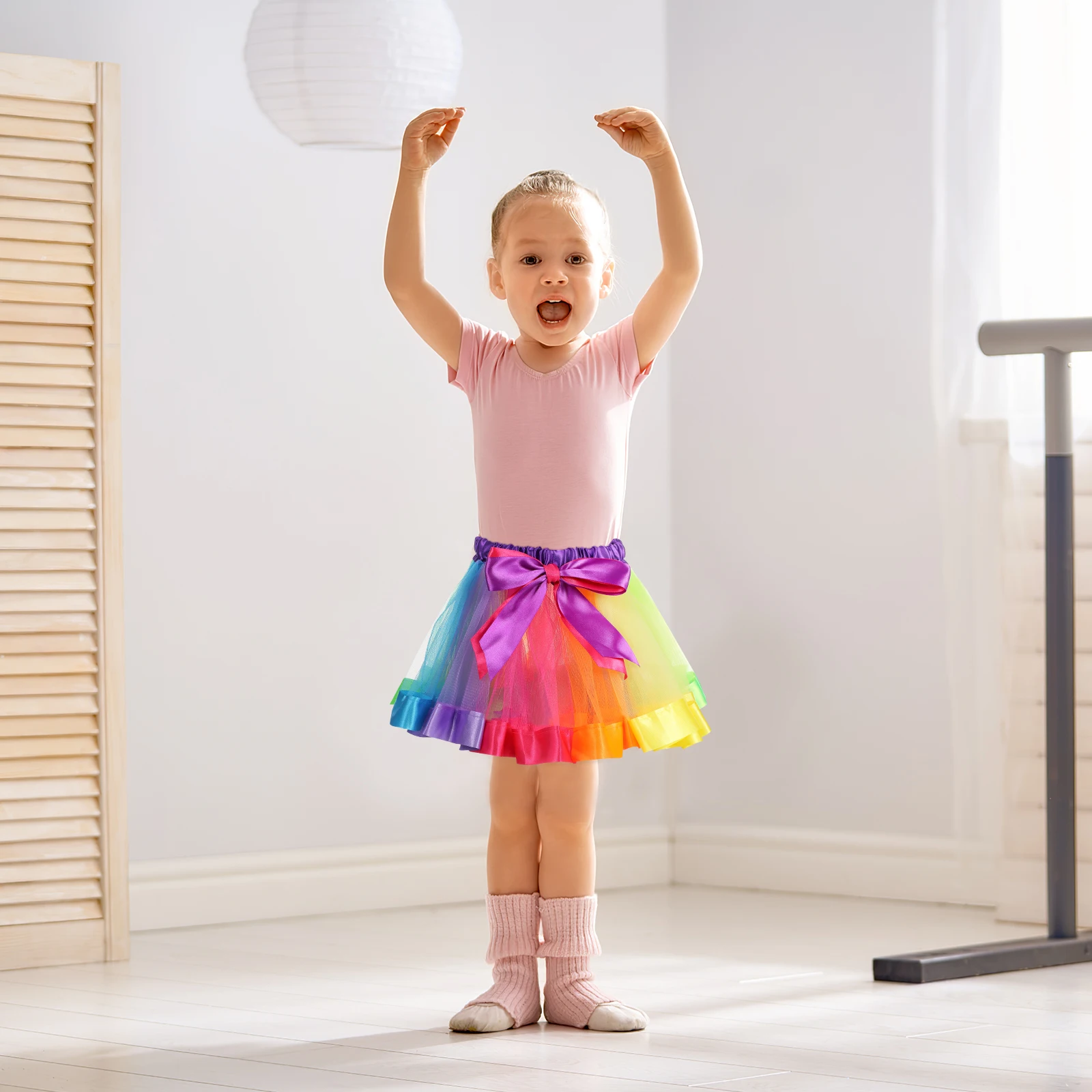 

Girls Rainbow Tutu Skirt Elastic Waist Layered Dance Performance Party Costume Bowknot Ribbon Skirt For 4-6 Years Old