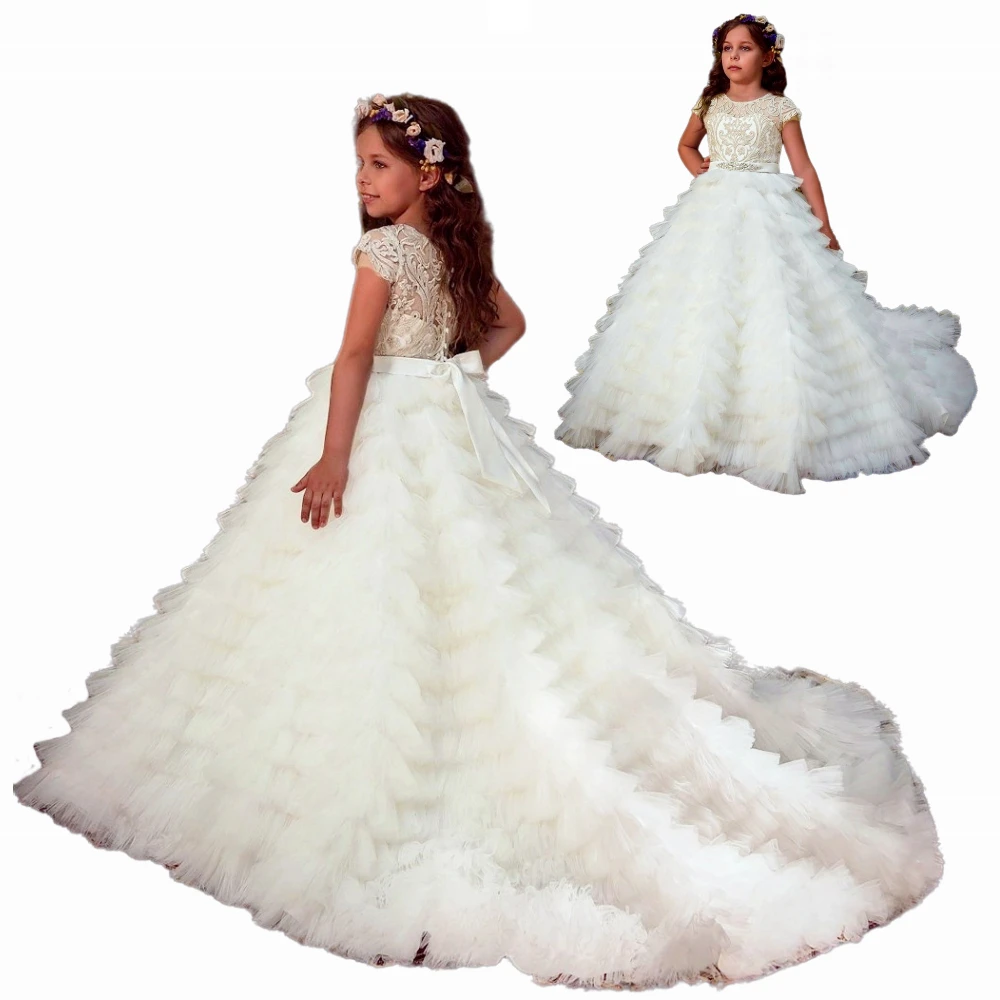 

Elegant Tulle Printing Layered White Flower Girl Dress Princess Ball Beauty Pageant First Communion Kids Birthday Present