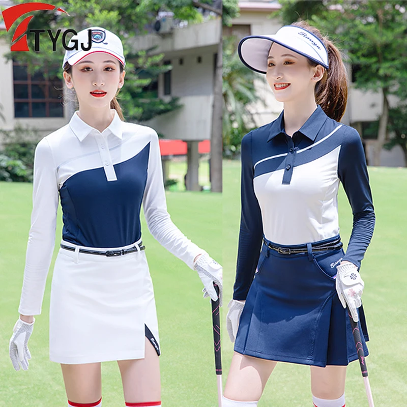 ttygj-ゴルフ女性秋長袖-tシャツコントラストカラーポロシャツレディーススリムスポーツシンプルなゴルフトップ春通気性-tシャツ