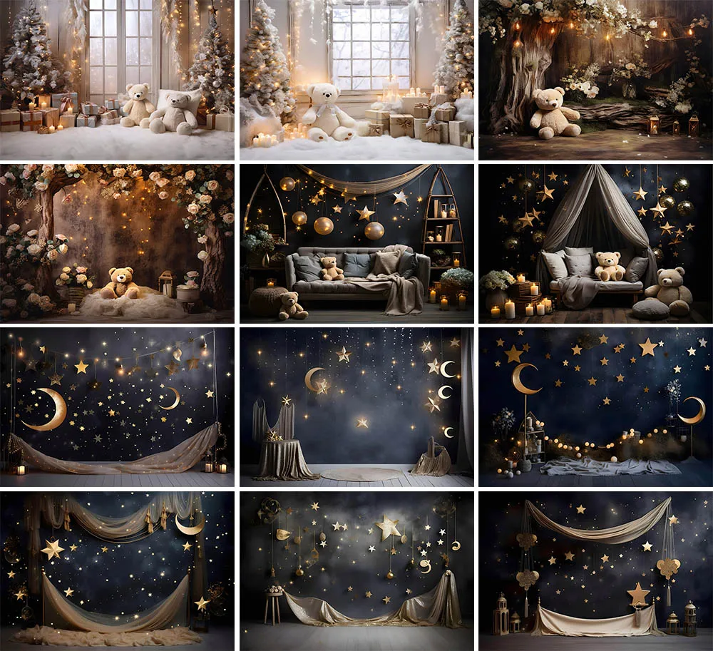 

Mehofond Indoor Christmas Photography Backdrop Moon Stars Toy Bear Sofa Decor Kids Birthday Portrait Xmas Tree Photo Background