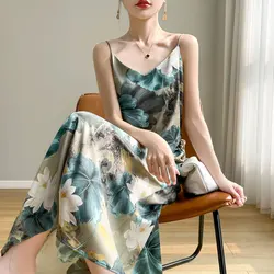 RONGYI French High-end Silk Satin Suspender Dress For Women's V-Neck Pullover Floral Long Skirt Sexy and Slimming A-line Skirt