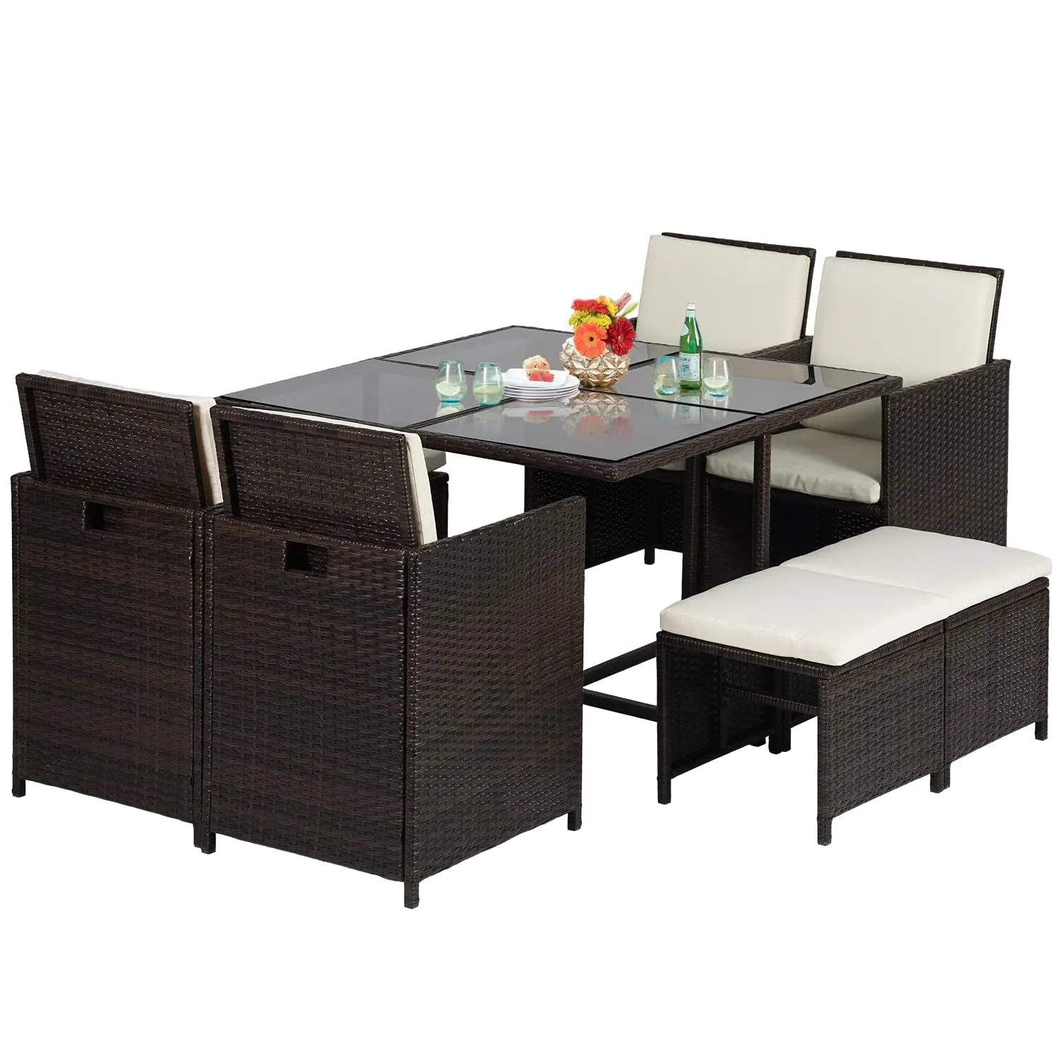 Patio Dining Set 9 Pieces Outdoor Furniture With 4 Chairs 4 Ottomans Glass Table For Backyard Porch Poolside Balcony, Customized