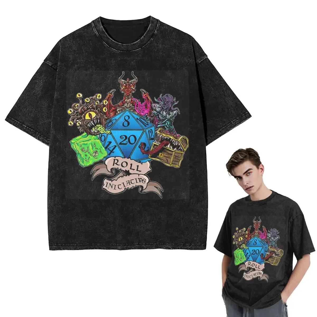 Streetwear T-Shirts Roll Initiative Dungeon And Dragon Washed T Shirt Short Sleeve Hip Hop T-Shirt Tops Tees for Men Women