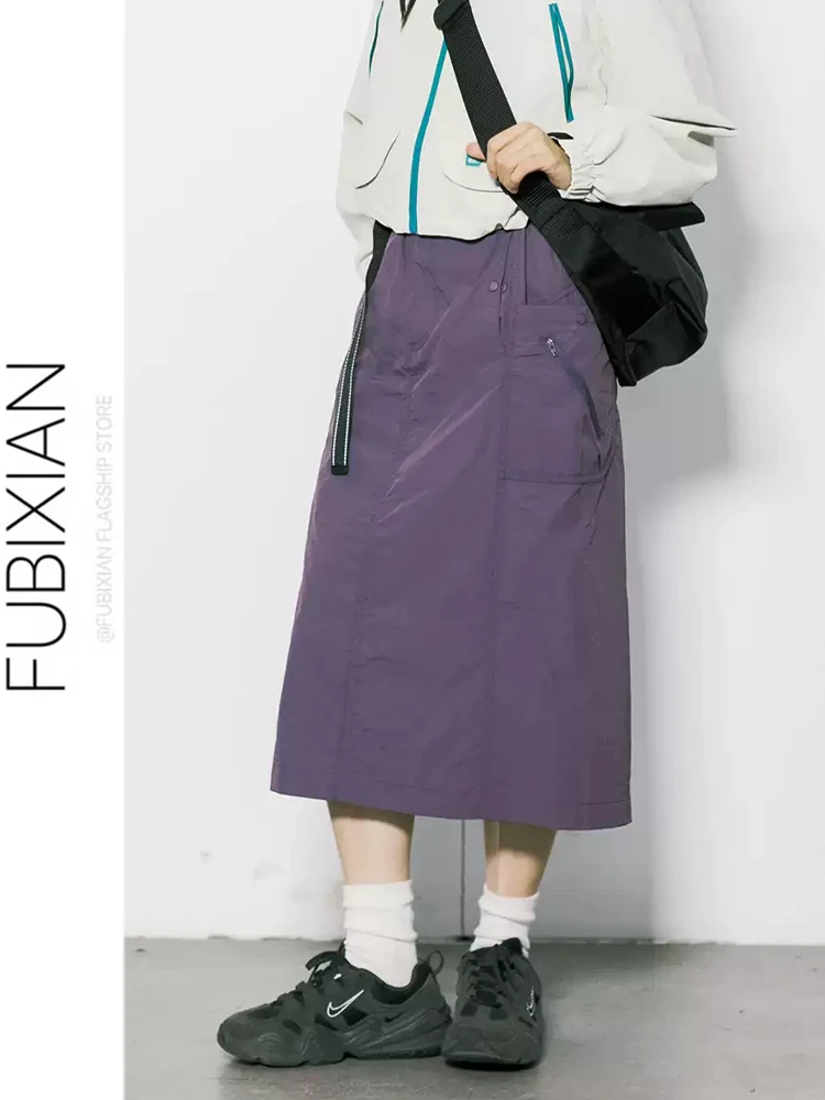 Outdoor A-Line Midi Skirt with Back Split Women's Camping Casual Straight Leg Workwear Style High Waist Nylon Spandex