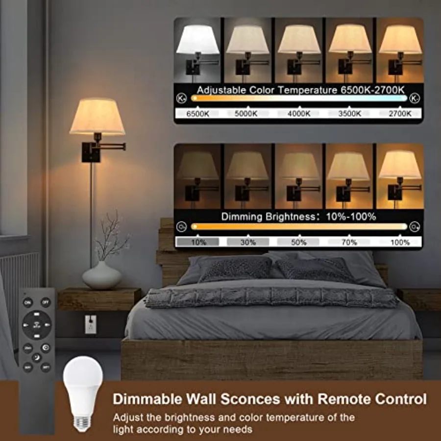 Wall Sconce Plug in Remote Control Dimming 10-100% and Adjustable Color Temperature 2700K-6500K Swing Arm Wall Lights with Plug