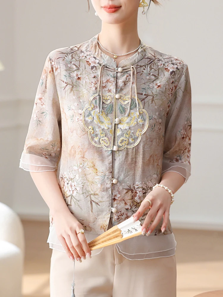 Chinese Style Print Summer Shirts & Blouses Women Short Sleeve Chiffon Clothes For Women Tees Top Single-breasted Shirt