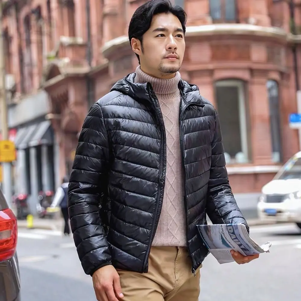 Mens Winter Casual Jacket Lightweight Cotton Padded Coat Business Style Hooded Stand Collar Solid Color Warm Outwear Top