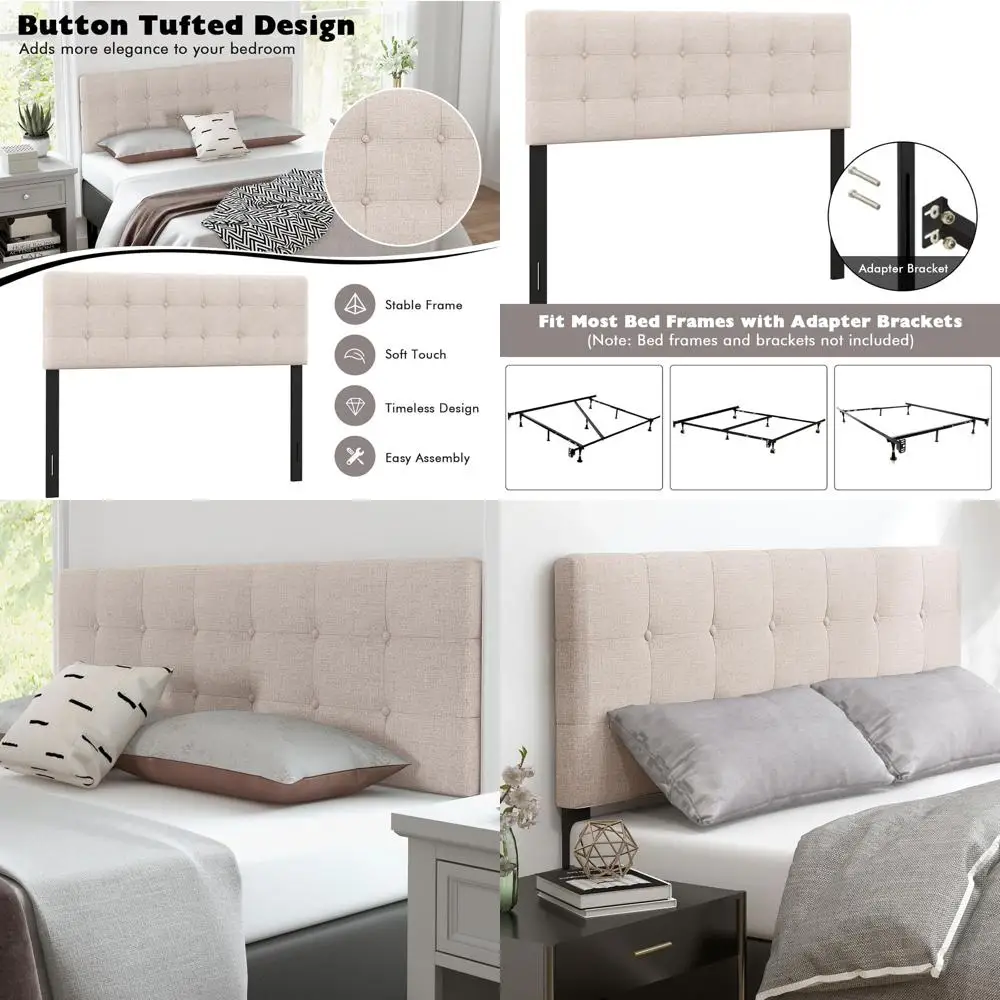

Beige Linen-Upholstered Button-Tufted Bed with Adjustable Width and Solid Wood Legs, Suitable for Twin, Full, or Queen Size