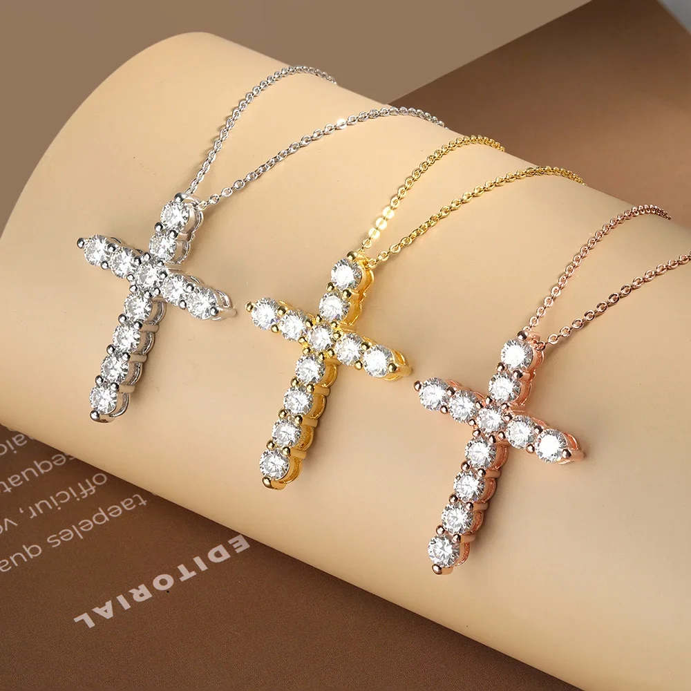 3mm 5mm Gold Color D Moissanite Cross Necklace for Women Men S925 Pendant 100% Solid Silver Chain Anniversary Girl Gift Jewelry