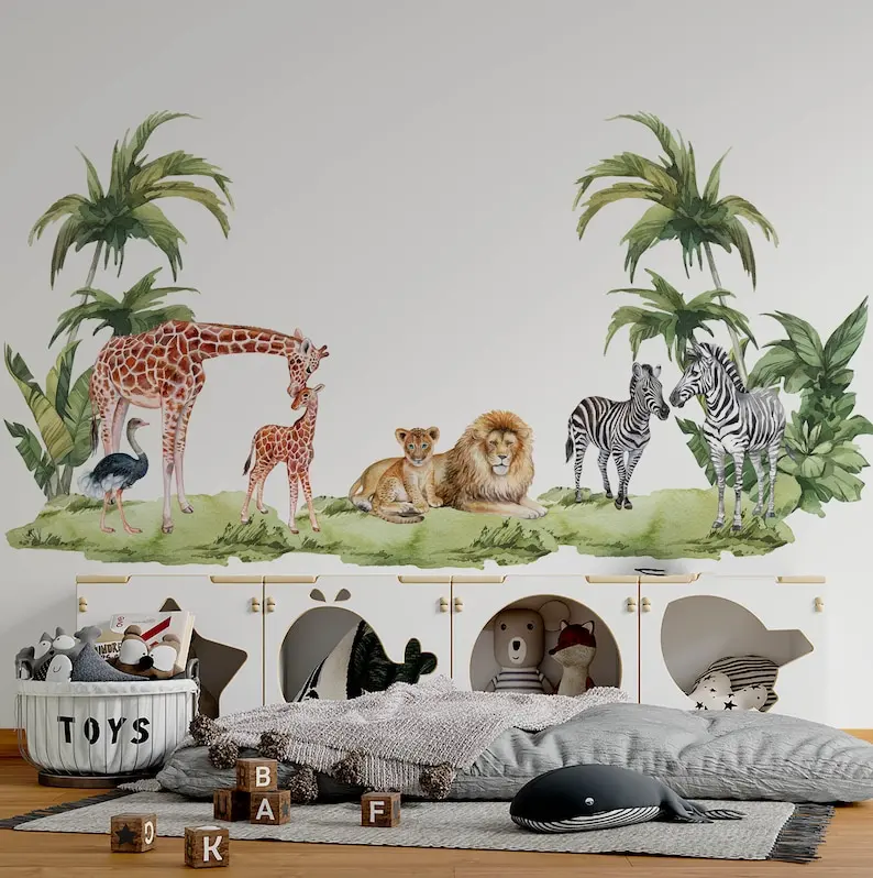 Safari Wall Decal Big Set, savanna Wall decal for kids, safari nursery decor, giraffe wall decal, zebra stickers, sticker lion s