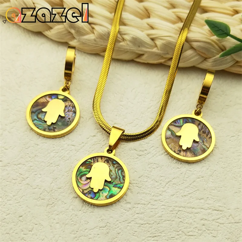 

Abalone Shell Hamsa Hand Jewelry Set Women Men Stainless Steel Gold Color Hand of Fatima Necklace Hoop Earrings Set Jewelry