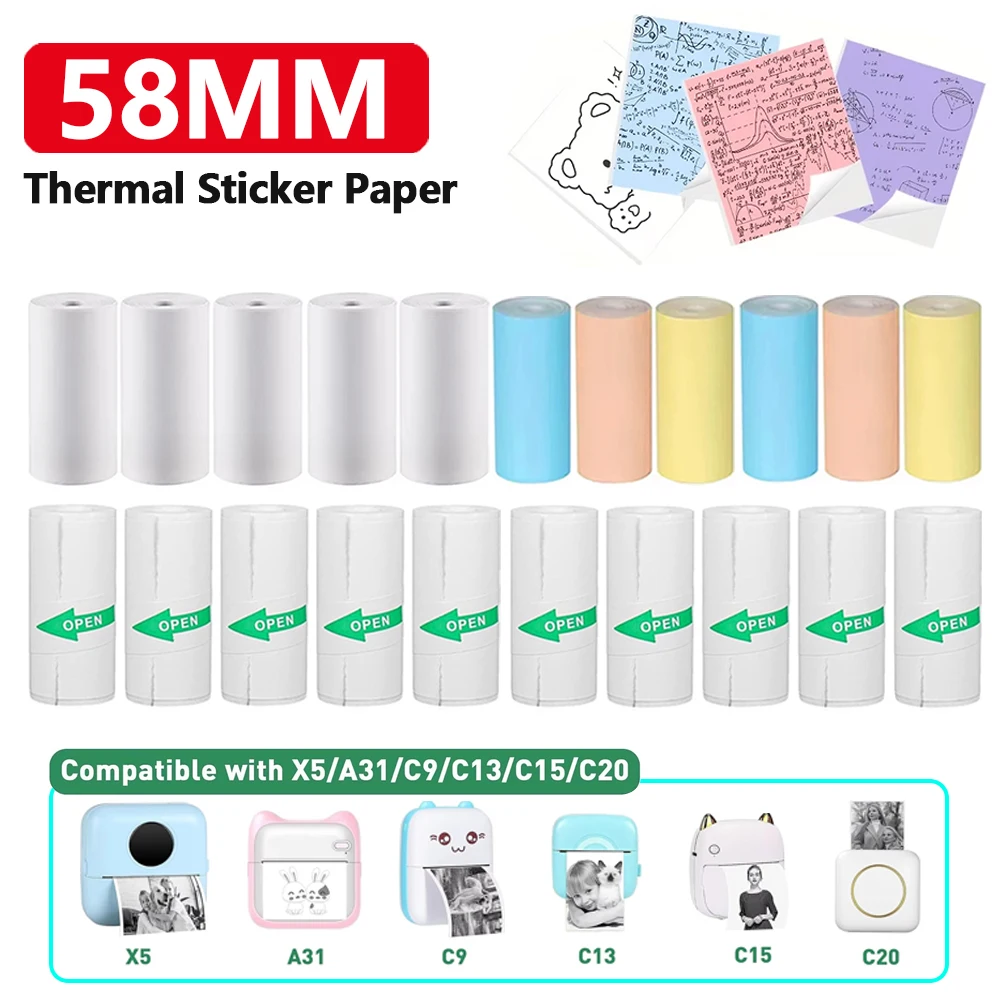 

Термобумага для этикеток 58 мм, 3/5/10 рулонов, самоклеящаяся белая бумага, цветные этикетки для мини-портативных принтеров, печать фотоэтикеток