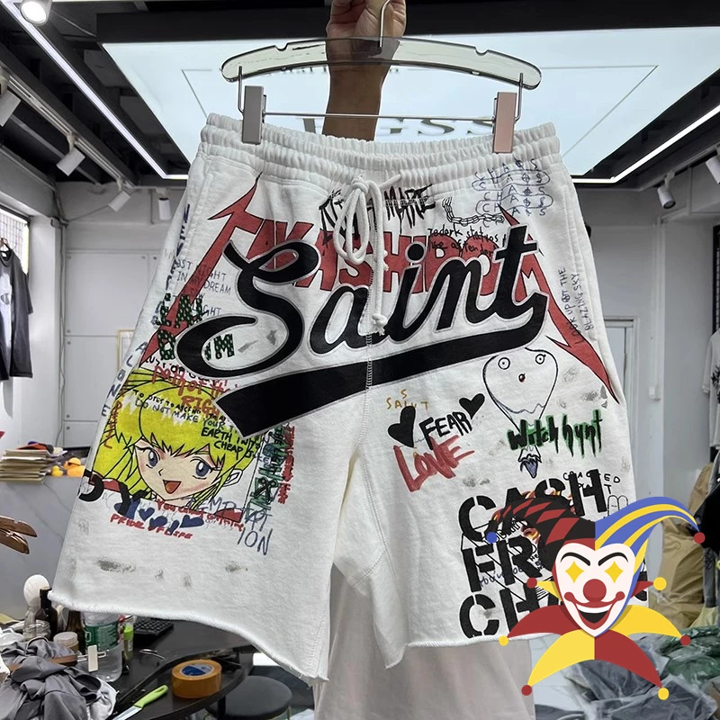 Graffiti Print Apricot Saint Shorts Men Women Drawstring Oversize Shorts