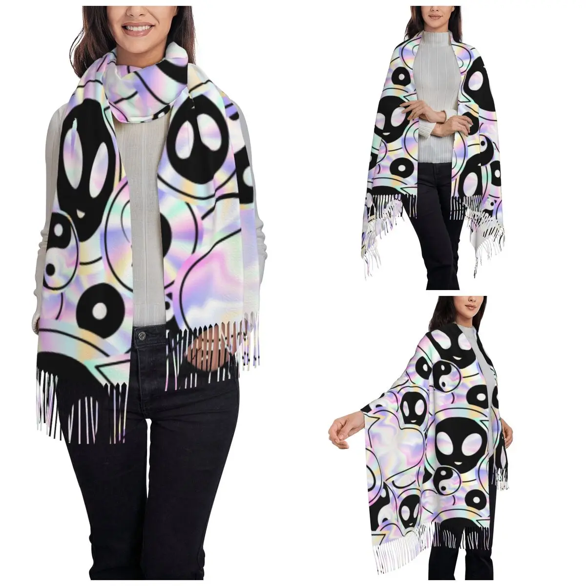 Women Tassel Scarf Psychedelic Style Alien Long Super Soft Shawl and Wrap Trippy Holographic Aliens Daily Wear Pashmina Scarves