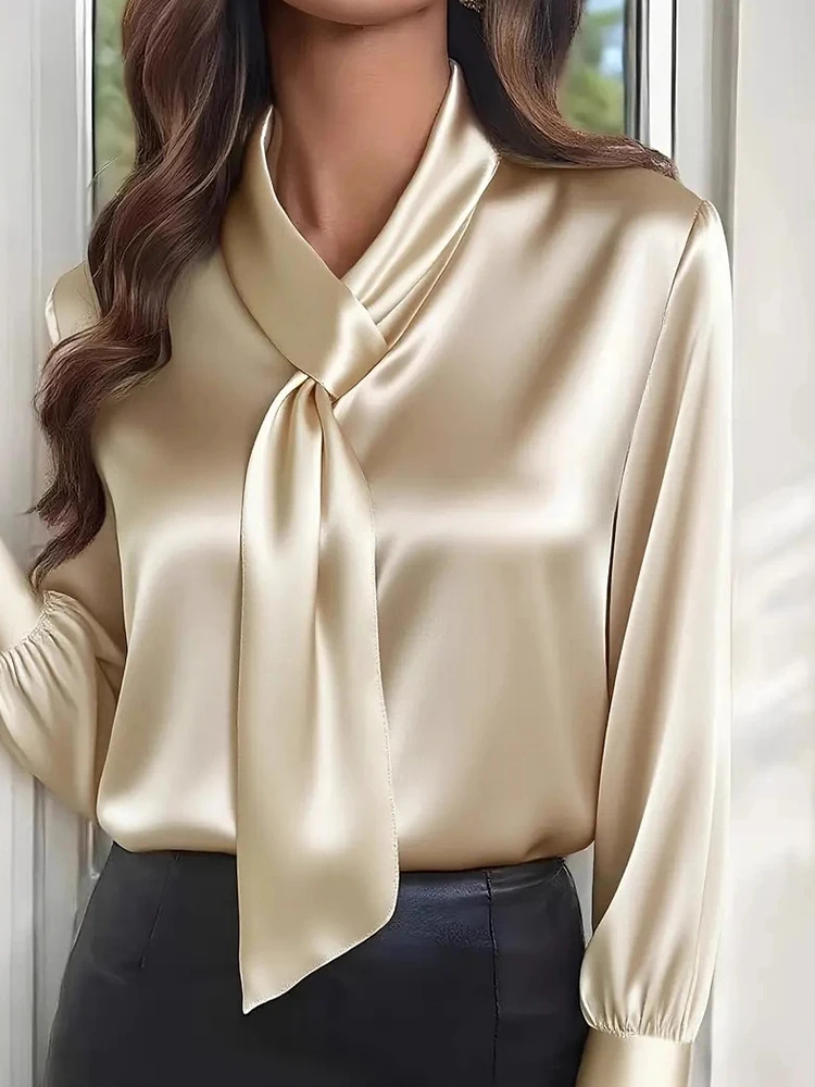 

2025 Lace-Up Spring Autumn Simple Tops, Women Casual V Neck Patchwork Chic Blouses, Long Sleeve Elegant Ladies Straight Shirts