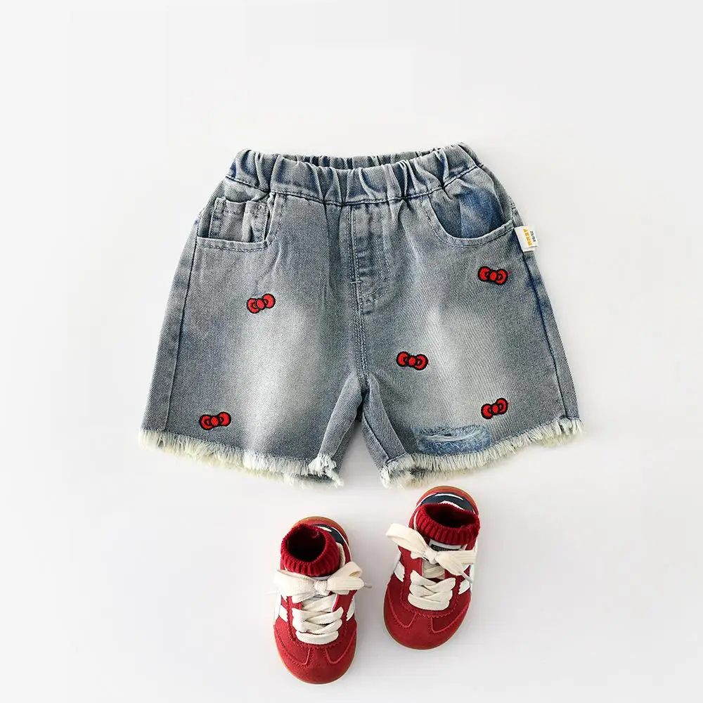 2026 Summer New Baby Girl Bow Embroidery Denim Shorts Thin Girls Jeans Shorts Toddler Casual Pants Children Clothes