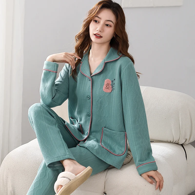 Three layer thin cotton women's pajamas cardigan lapel button style solid color women's home wear