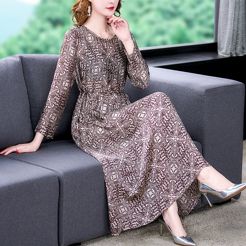 

Spring Summer Print Natural Silk Midi Dress Women Korean Vintage Casaul Party Dress 2024 New Elegant Bodycon Office Lady Dress