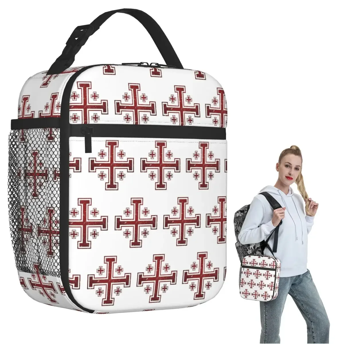 Jerusalem Cross Medieval Knights Cross Crusader Insulated Lunch Bag for Women Children Portable Food Boxe Thermal Lunch Box Tote
