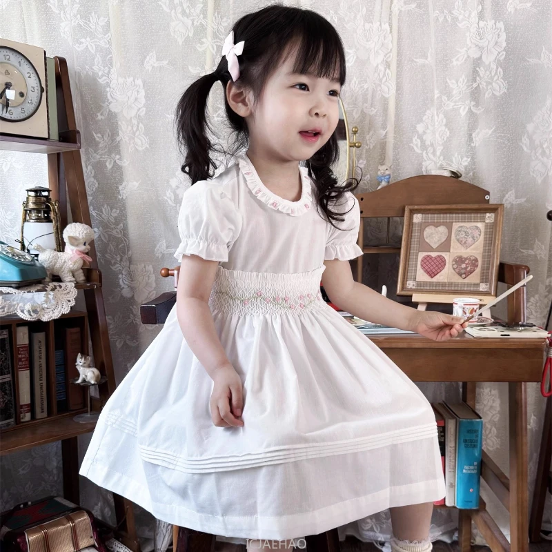 

Teen Girl Clothes Children White Vintage Smock Korean Style Casual Outfit Summer Dress Kids Girls Short Sleeve Simple Costume