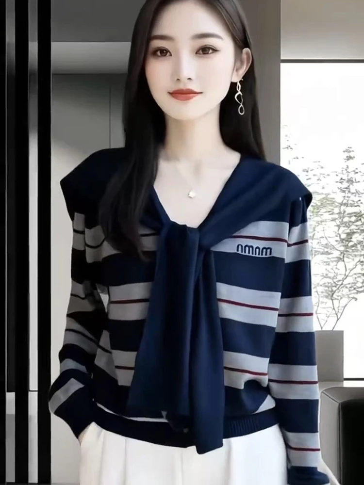 

Женский осенне-зимний полосатый длинный свитер размера плюс, свободный утягивающий базовый топ, повседневный вязаный шерстяной топ с запахом