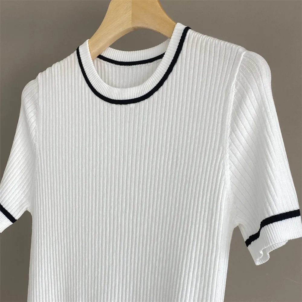 

Весна/Лето 2022, новый контрастный цветной пуловер с круглым вырезом, вязаный топ с короткими рукавами для женщин