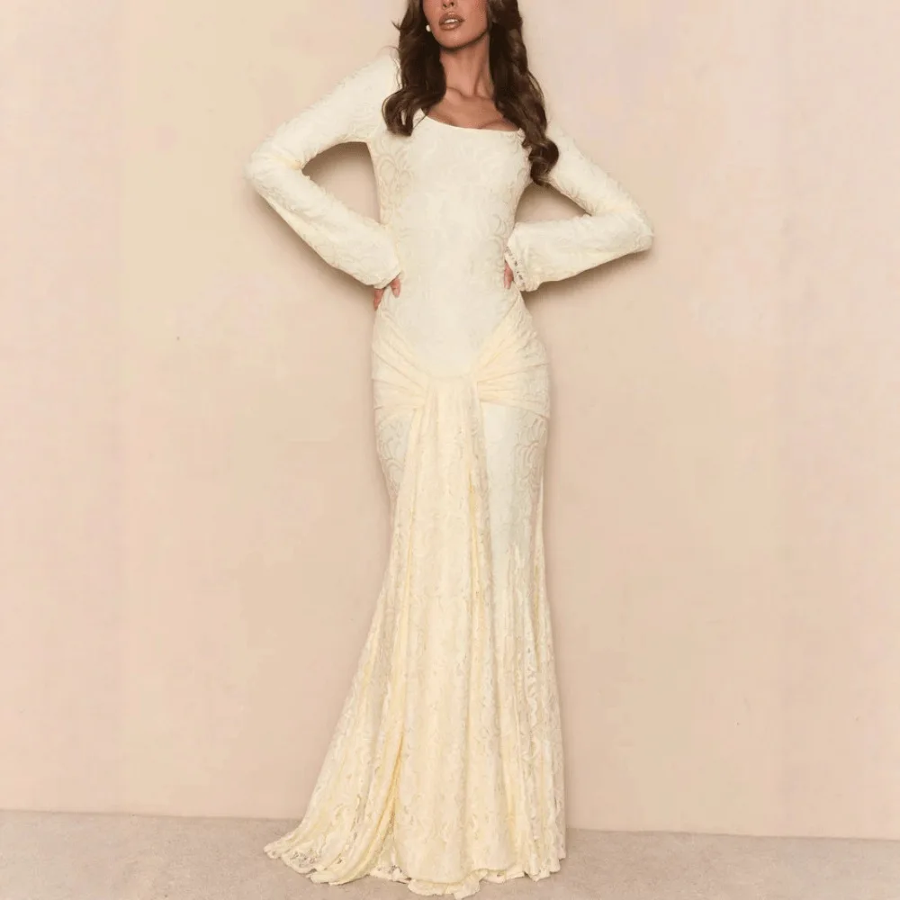 Nouvelle robe à manches longues pour femmes européennes et américaines, tempérament streamer en dentelle, robe longue ajustée pour femmes