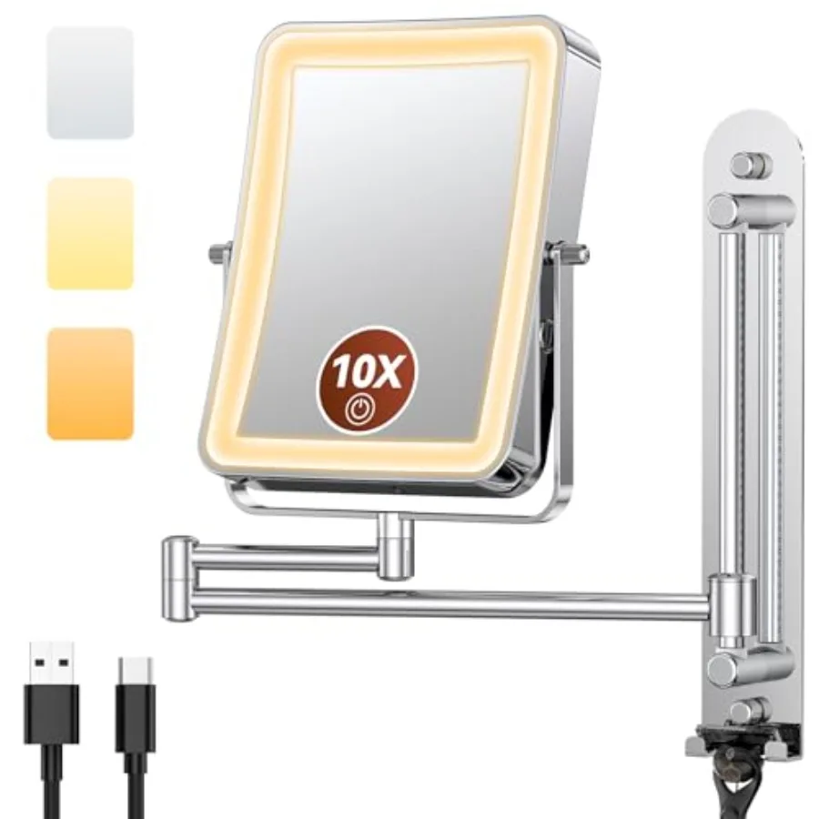 

Height Adjustable Wall Mounted Lighted Makeup Mirror with Lights 10X Magnifying Mirror for Bathroom 7in Slide Rail and 360° Ext