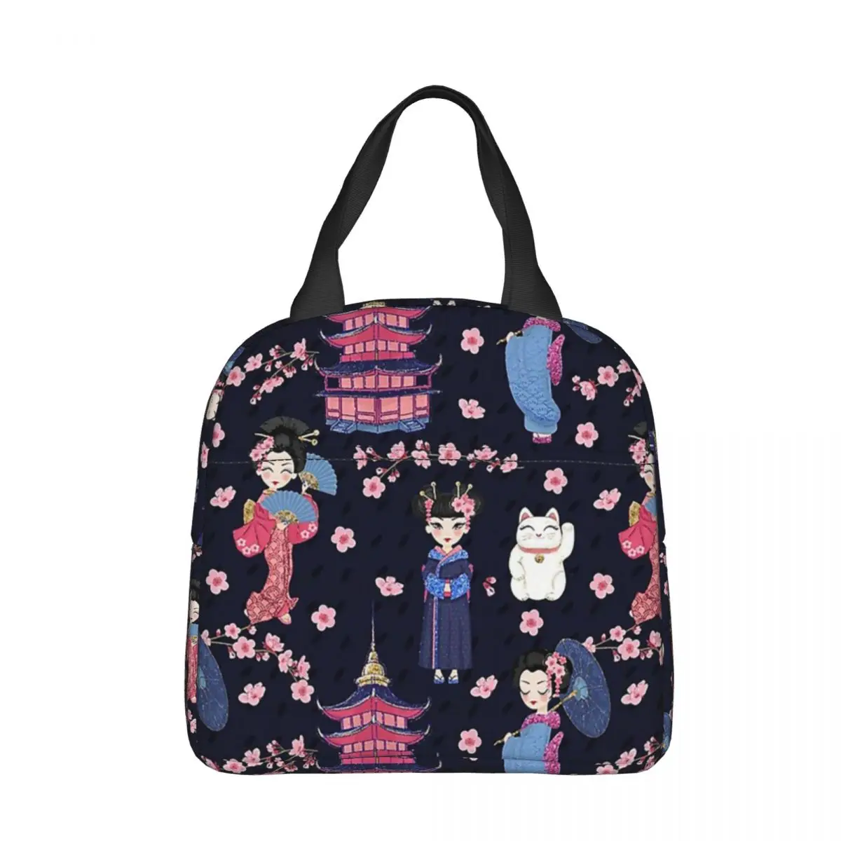 Apanese Dolls Navy Insulated Lunch Bag Thermal Bag Meal Container Kokeshi Japanese Portable Tote Lunch Box Women Work Outdoor