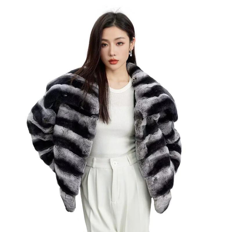 2023 New women's Chinchilla striped jacket Real Rex Rabbit fur fur all-in-one fur coat coat length 60cm package mail winter thic