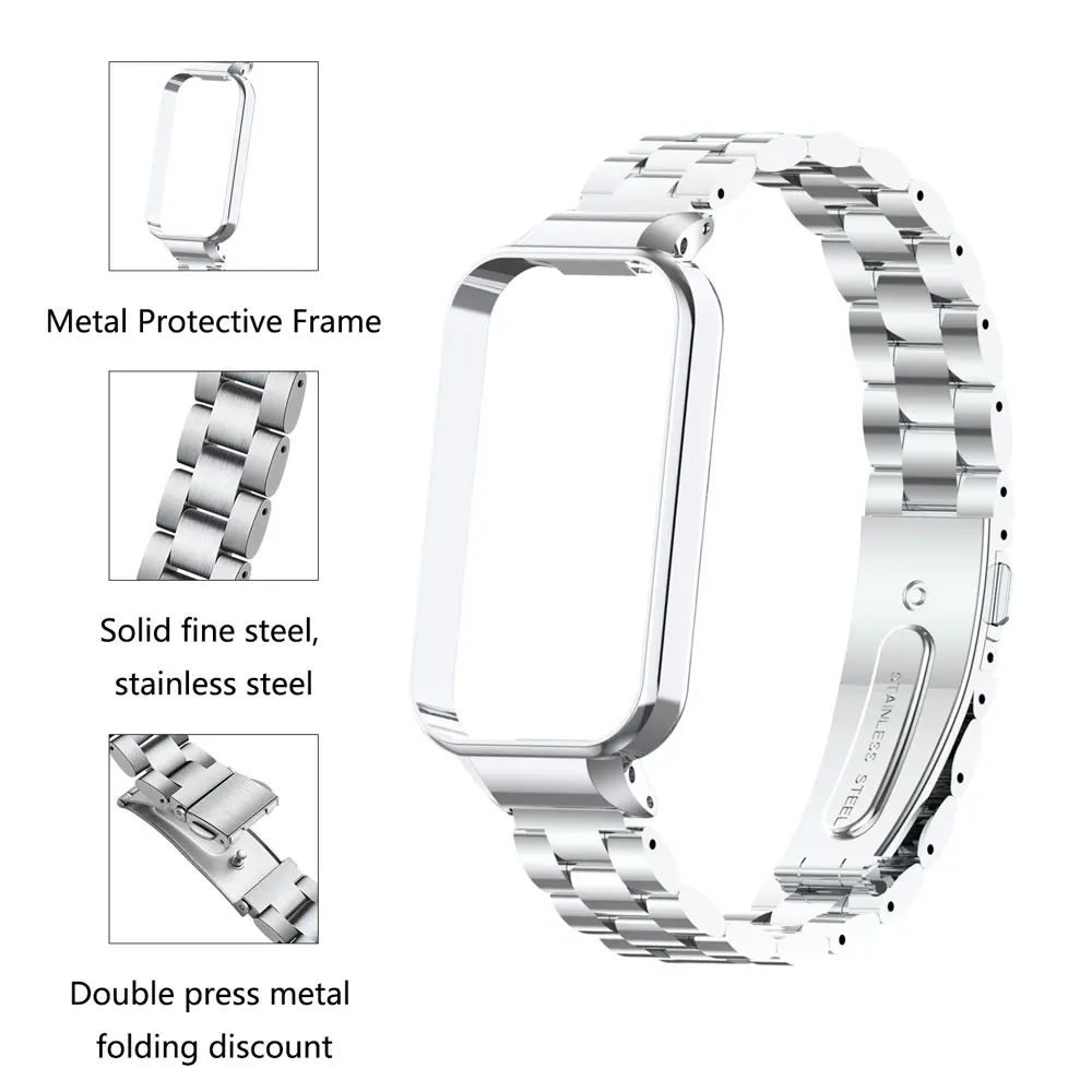 Stainless Steel Straps For Xiaomi Mi band 8 Active Solid three-bead stainless steel strap Bracelet For Mi Band 8 Active