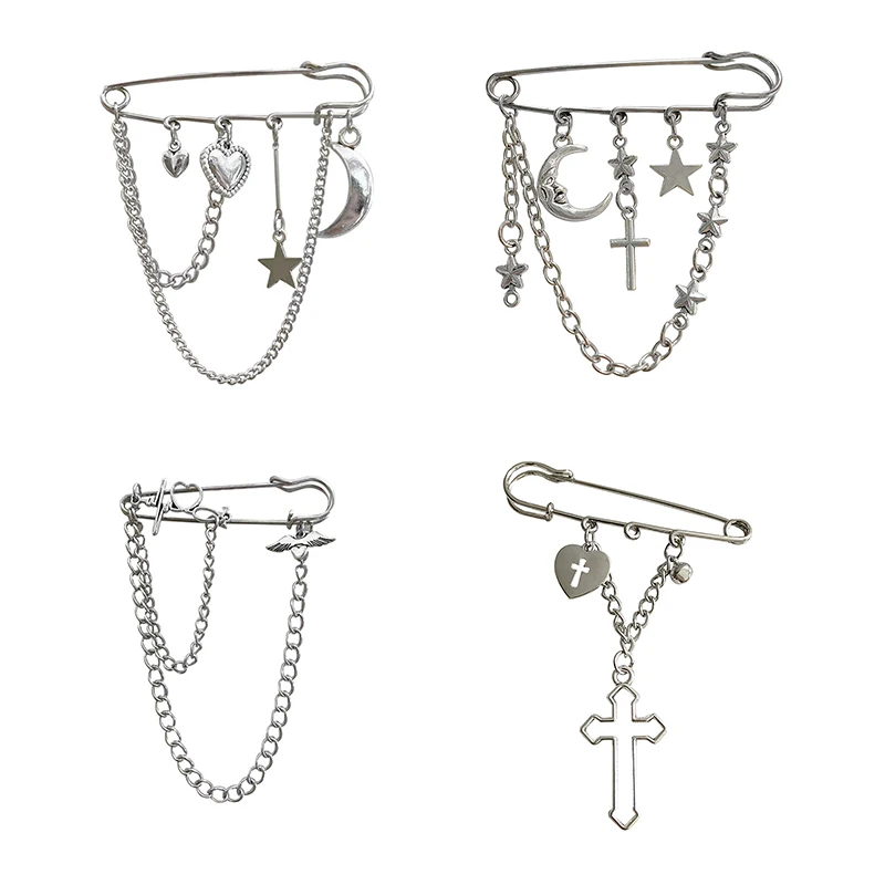 Fashion Tassel Chain Pin Creative Heart Angel Wings Chain Brooch For Women Men Suit Decoration Clothing Accessories Gifts