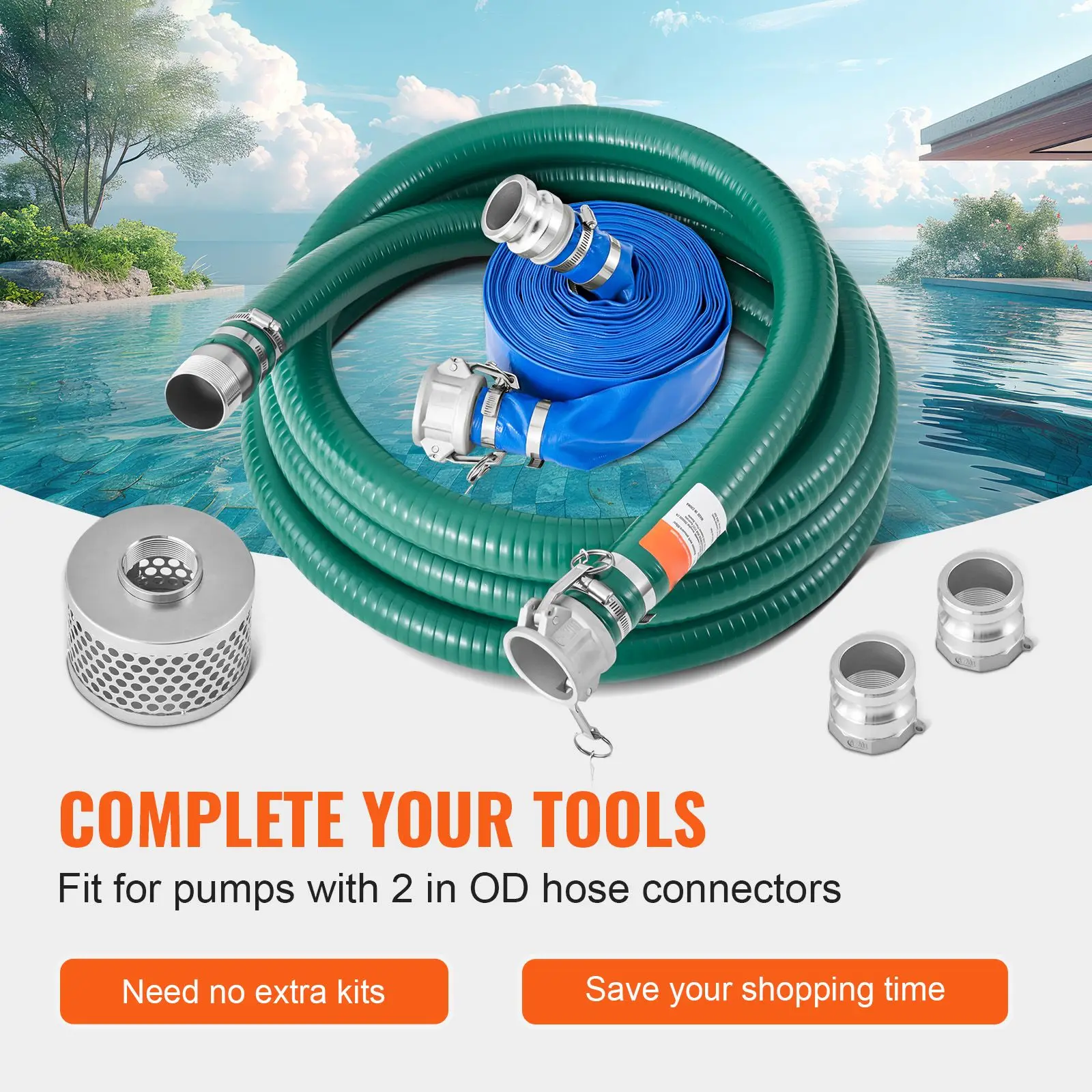 Suction Hose Kit for Water Pump, with 2 in x 65 ft Blue Backwash Hose, 20 ft Green Suction Hose, and Steel Round Hole Strainer, Camlocks, Clamps, Cam & Groove Adapter, for Multiple Purposes