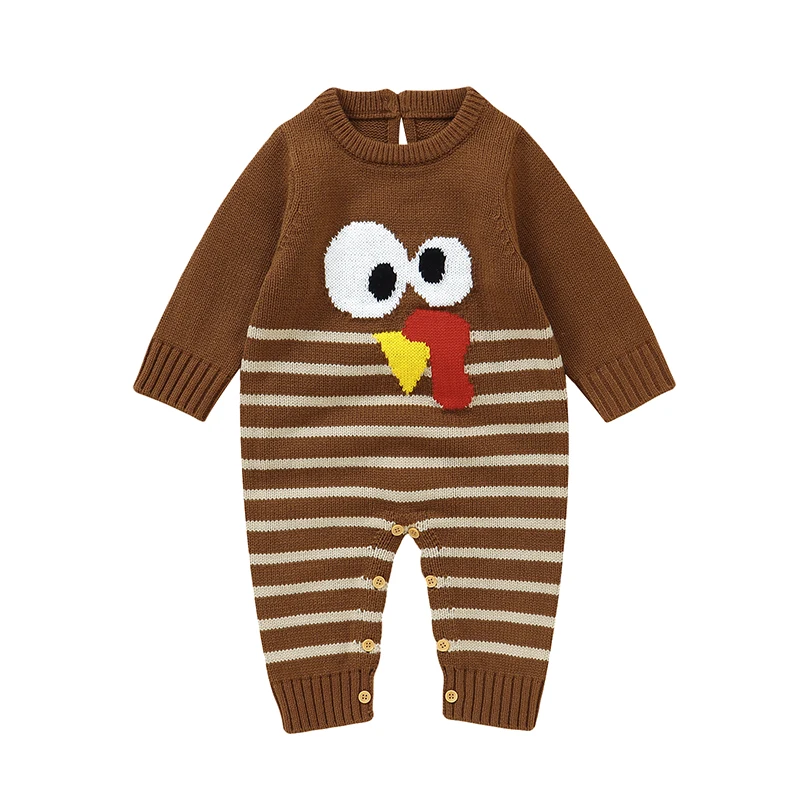 Baby Thanksgiving Sweater Romper Casual Turkey Stripe Print Long Sleeve Jumpsuit for Newborn Cute Clothes